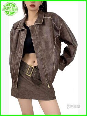 Distressed Faux Leather Bomber Jacket Oversized Motorcycle Style Fall